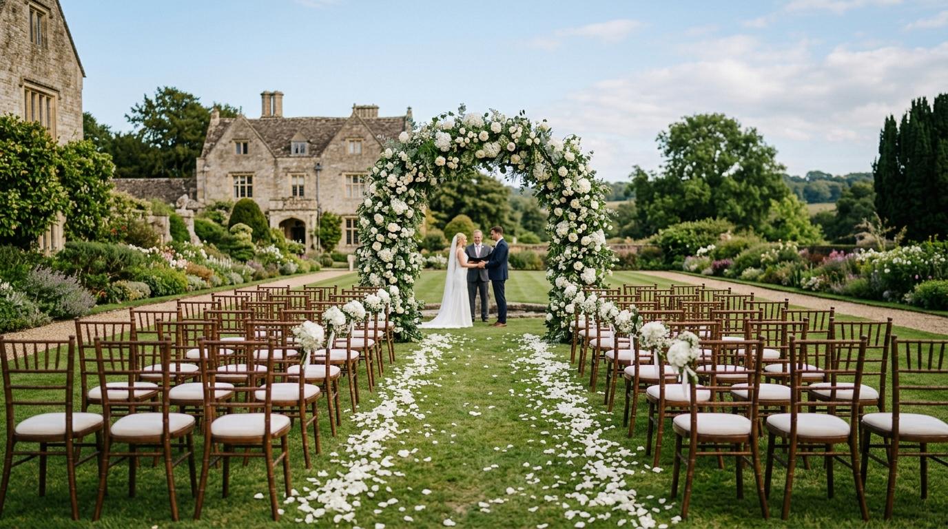 An archway of white roses and green foliage