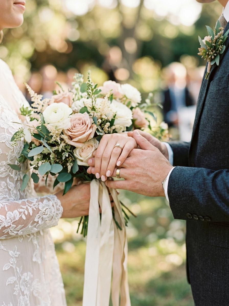 A couple holding hands on their wedding day