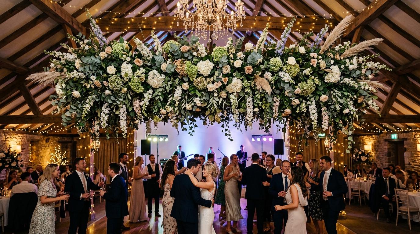 A floral installation above the dance floor