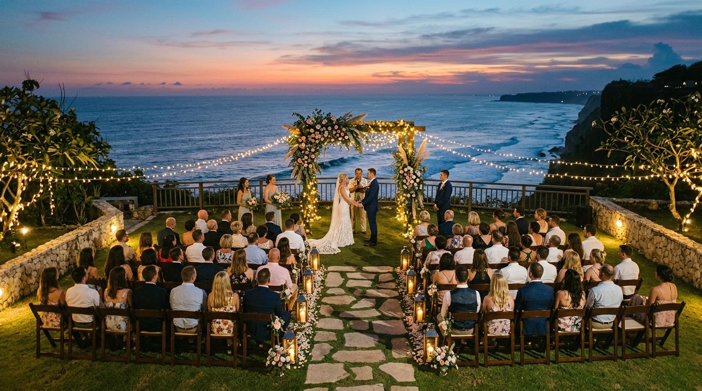 An outdoor ceremony with an ocean view